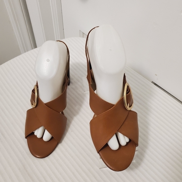 Ann Taylor Cognac in Color Leather Double Strap Buckle Close Block Sanda… - Picture 1 of 13